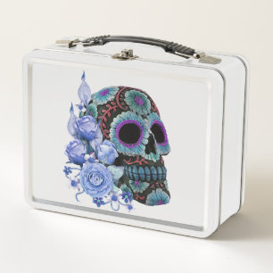 Blauwe Floral Black Sugar Skull Day of the Dead