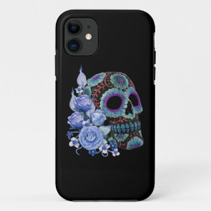 Blauwe Floral Black Sugar Skull Day of the Dead iPhone 11 Hoesje