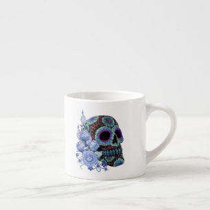 Blauwe Floral Black Sugar Skull Day of the Dead Espresso Kop