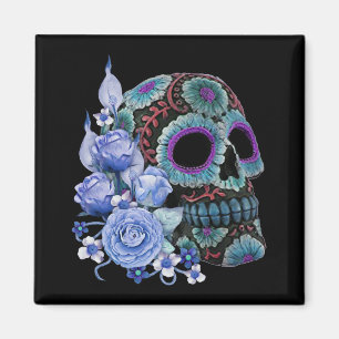 Blauwe Floral Black Sugar Skull Day of the Dead Magneet