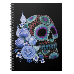 Blauwe Floral Black Sugar Skull Day of the Dead Notitieboek