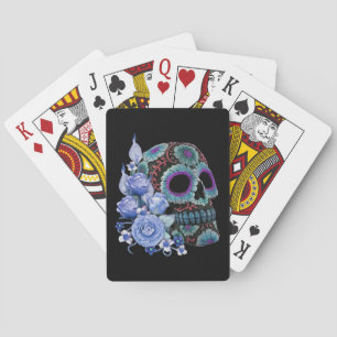 Blauwe Floral Black Sugar Skull Day of the Dead Pokerkaarten