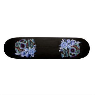Blauwe Floral Black Sugar Skull Day of the Dead Skateboard