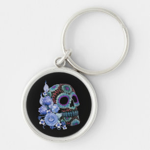 Blauwe Floral Black Sugar Skull Day of the Dead Sleutelhanger