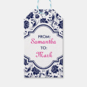 Blauwe Floral Damaskers met witte achtergrond Cadeaulabel (Voorkant)