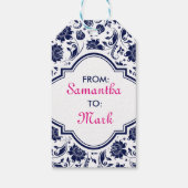 Blauwe Floral Damaskers met witte achtergrond Cadeaulabel (Achterkant)