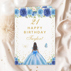 Blauwe Floral Dark Skin Girl Happy Birthday Kaart
