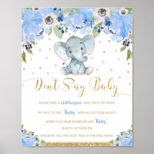 Blauwe Floral Elephant Zeg geen Baby shower Game Poster