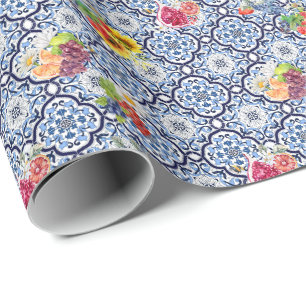 Blauwe Floral Fruity Berries Siciliaanse Tegels Cadeaupapier