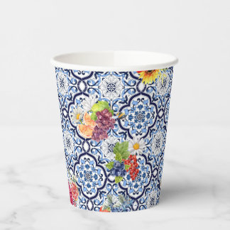 Blauwe  Floral Fruity Berries Siciliaanse Tegels Papieren Bekers
