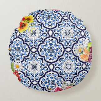 Blauwe Floral Fruity Berries Siciliaanse Tegels Rond Kussen