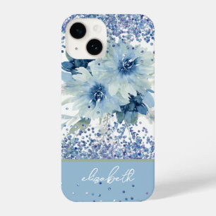 Blauwe Floral Glitter Aangepaste Gepersonaliseerde iPhone 14 Hoesje