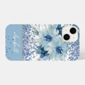 Blauwe Floral Glitter Aangepaste Gepersonaliseerde iPhone Hoesje (Achterkant horizontaal)