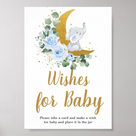 Blauwe Floral Greenery Elephant Moon wil Baby Poster (Voorkant)