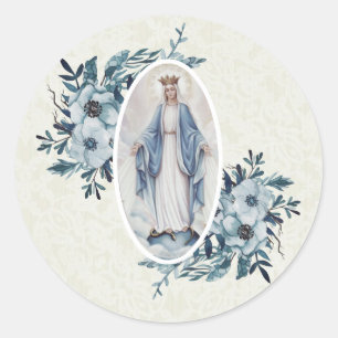Blauwe Floral Madonna Maagd Mary Lace Ronde Sticker