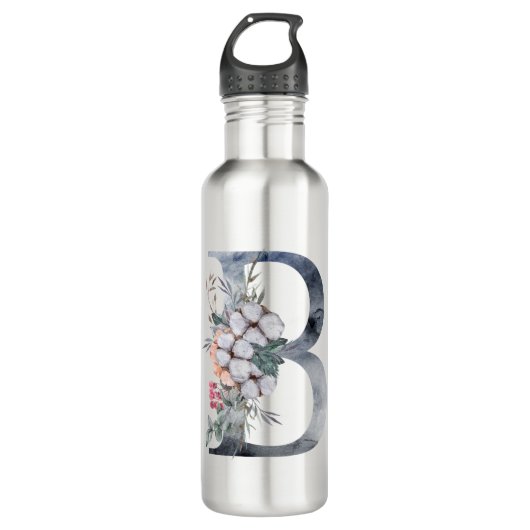 Blauwe Floral Monogram Initiaal B Waterfles (Voorkant)