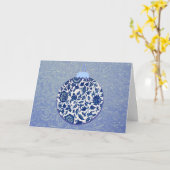  Blauwe Floral Ornament Kerstmis Kaart (Gele Bloem)