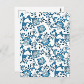  Blauwe Floral Pattern Illustratie Briefkaart (Voorkant / Achterkant)