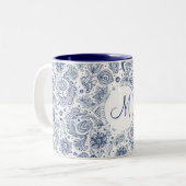 Blauwe  Floral Pattern Monogram 2-toon Mok (Voorkant links)