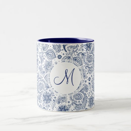 Blauwe  Floral Pattern Monogram 2-toon Mok (Center)