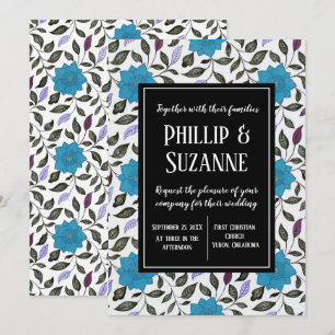Blauwe Floral Pattern Wedding Kaart