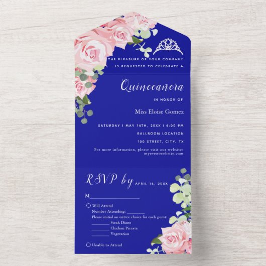 Blauwe Floral RSVP Trivoudig Gebeurtenisuitnodigin All In One Uitnodiging (Binnen)