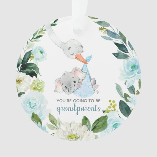 Blauwe Floral Stork Je wordt grootouders Ornament (voorkant)