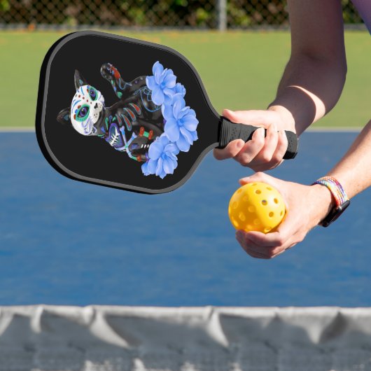 Blauwe Floral Sugar Skull Day of the Dead Cat Pickleball Paddle (Insitu)