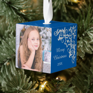 Blauwe Floral Swirl Photo Template Kubus Ornament