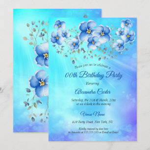 Blauwe Floral Waterverf Birthday Party Kaart