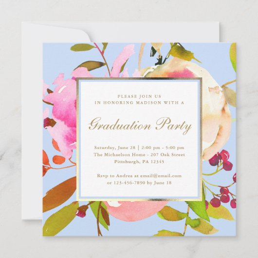 Blauwe Floral Waterverf met Stip Graduation Party Kaart (Voorkant)