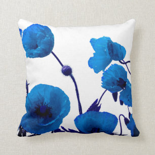 Blauwe Floral Waterverf Poppy Flowers White Kussen