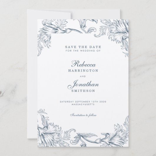blauwe Floral Wedding sparen de Datum Uitnodiging (Voorkant)