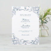 blauwe Floral Wedding sparen de Datum Uitnodiging (Staand voorkant)