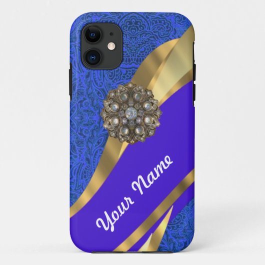Blauwe florale damast & gouden lint Case-Mate iPhone case (Achterkant)