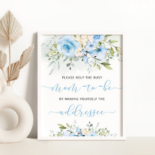 Blauwe florale eucalyptus helpt de drukke moeder t reclamebord met voetstuk