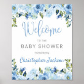 Blauwe florale zilverbijtende baby shower, welkoms poster (Voorkant)