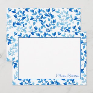 Blauwe Florals Modern Manuscript Gepersonaliseerd Notitiekaartje
