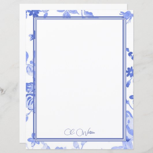Blauwe Florals op het Witboek Aangepaste Blad (Voorkant / Achterkant)