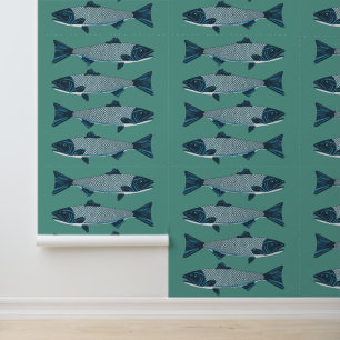 Blauwe Folk Art Forel/Zalm Behang