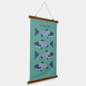 Blauwe Folk Art Forel/Zalm Hangend Wandkleed (Gebogen)