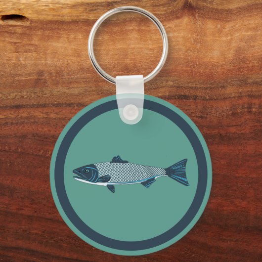 Blauwe Folk Art Forel/Zalm Sleutelhanger (Voorkant)
