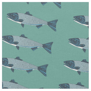 Blauwe Folk Art Forel/Zalm Stof