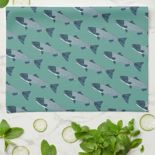 Blauwe Folk Art Forel/Zalm Theedoek (Gevouwen)
