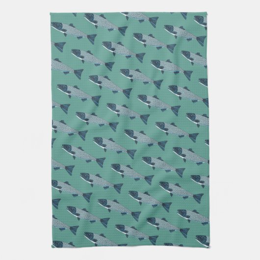 Blauwe Folk Art Forel/Zalm Theedoek (Verticaal)