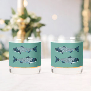 Blauwe Folk Art Forel/Zalm Whisky Glas