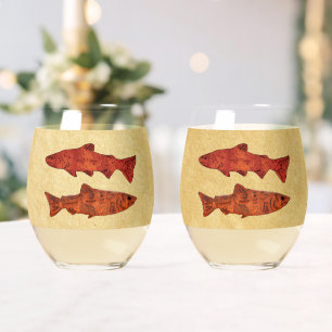 Blauwe Folk Art Forel/Zalm Wijnglas Zonder Voet
