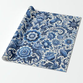 Blauwe folk bloemenpatroon cadeaupapier