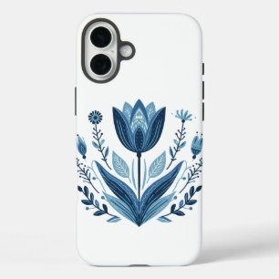 Blauwe folk bloemenpatroon iPhone 16 plus hoesje