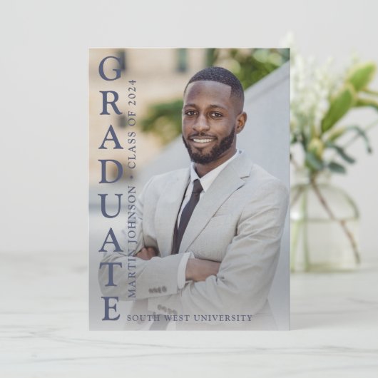 Blauwe foto Afstuderen uitnodiging (Staand voorkant)